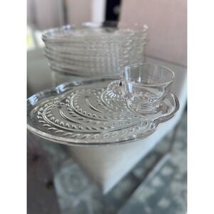 Vintage Federal Glass Snack Set: Paisley Fern Motif, 1950s, Set of Four
